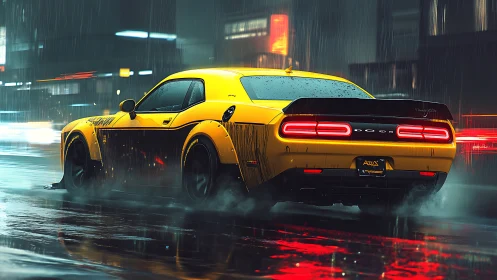 Yellow muscle car powers through neon city rainstorm.