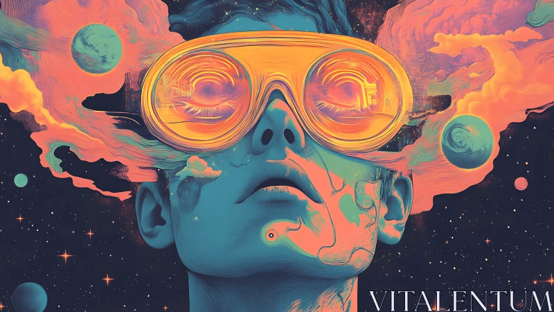 Neon cosmic dreamer gazes into swirling virtual galaxies.