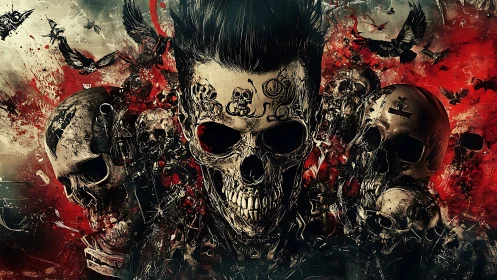 Punk skull commander framed by chaotic crimson crows storm.