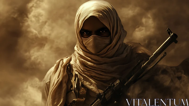Masked desert fighter holding rifle in swirling dust storm