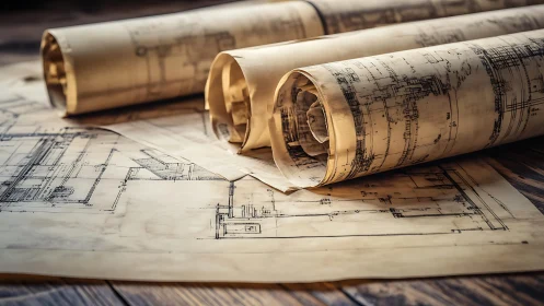 Rolled Architectural Blueprints on Technical Drawings