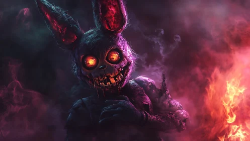 Burning-eyed demon rabbit emerges from toxic neon smoke.