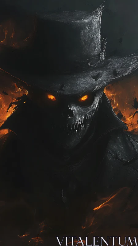 Smoldering shadow rider with ember eyes and wicked grin.