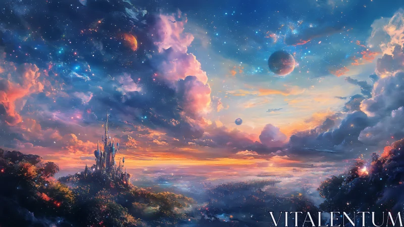 Celestial kingdom rises beneath radiant nebula skies