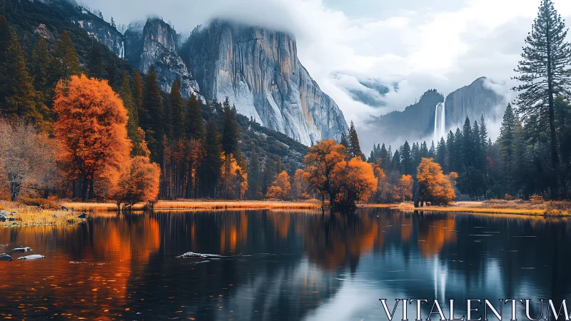 Golden autumn valley reflects softly beneath misty cliffs
