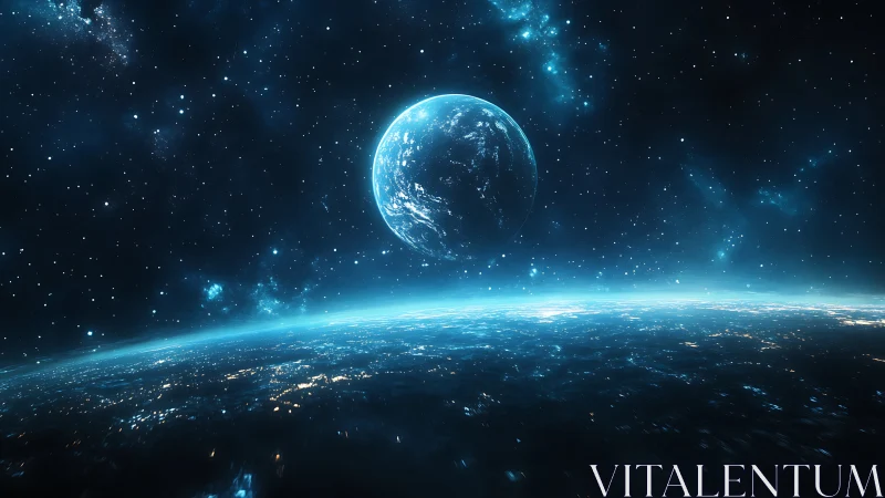 Photorealistic deep-space horizon with luminous exoplanet.