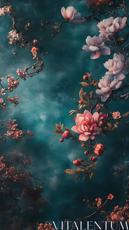 Romantic Botanical Study: Layered Blooms Over Teal Texture.