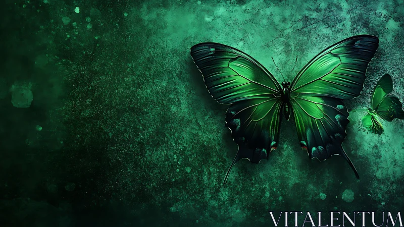 Bioluminescent green butterflies rendered on textured teal field