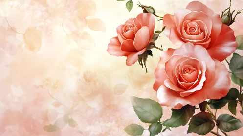 Coral and pink roses with buds on soft blurred background