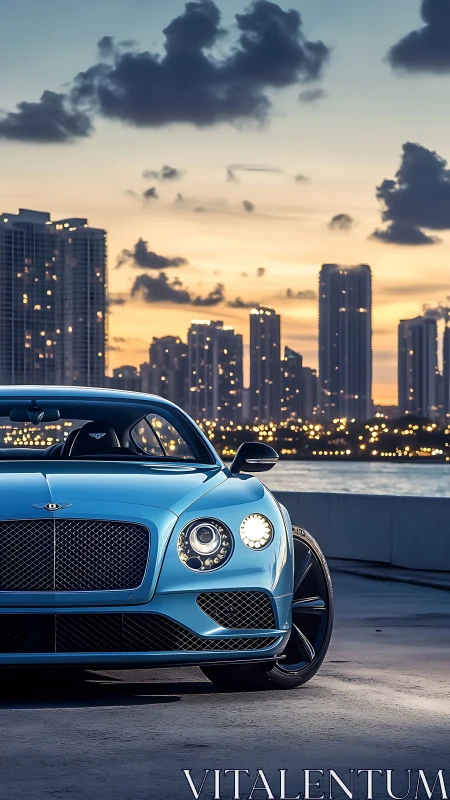Luxury coupe commands a glowing city waterfront at dusk