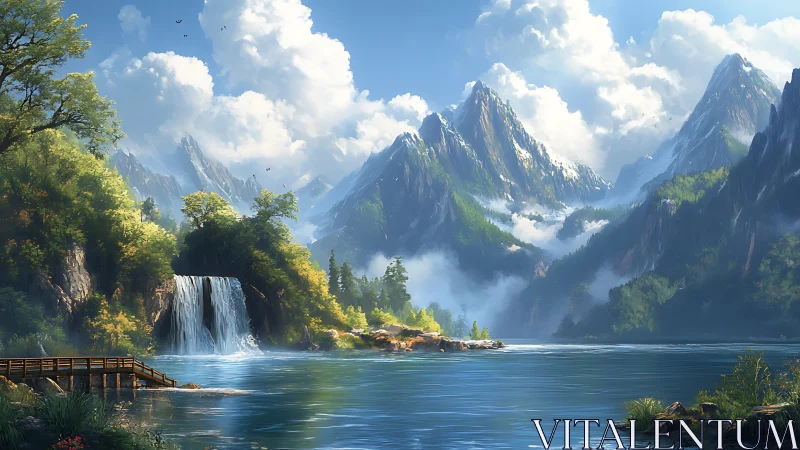 Layered alpine landscape integrates waterfall, lake, and cloud volumes