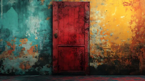 Weathered red door contrasts textured teal and yellow wall