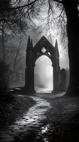 Gothic mist gate opening onto a silver pilgrimage path.