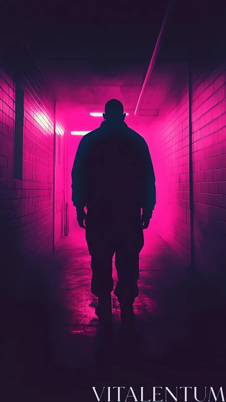Silhouetted figure in neon magenta tunnel corridor.