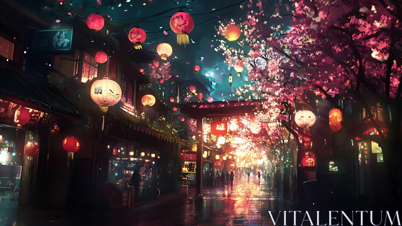 Night street scene renders wet reflections under lantern-lit cherry blossoms