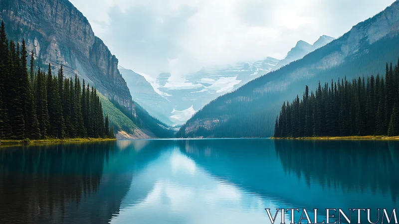 Glacial alpine lake with mirrored spruce forest and cliffs