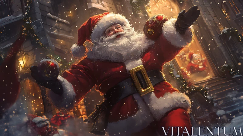 Joyful Santa Claus celebrates Christmas on a snowy street