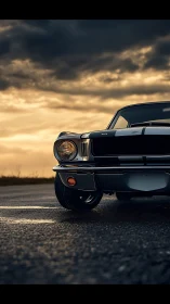 Classic muscle car nose catches low sunset on empty road