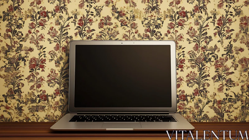Laptop on vintage floral wallpaper background in warm light.