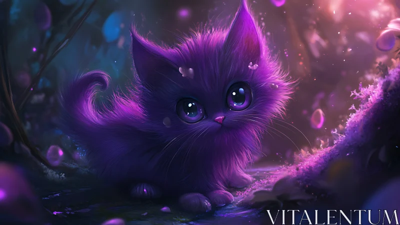 Luminescent Purple Cat. Magical creature radiates neon glow amid particle effects.