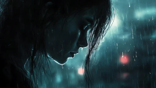 Side profile of solitary figure in heavy urban rainfall.