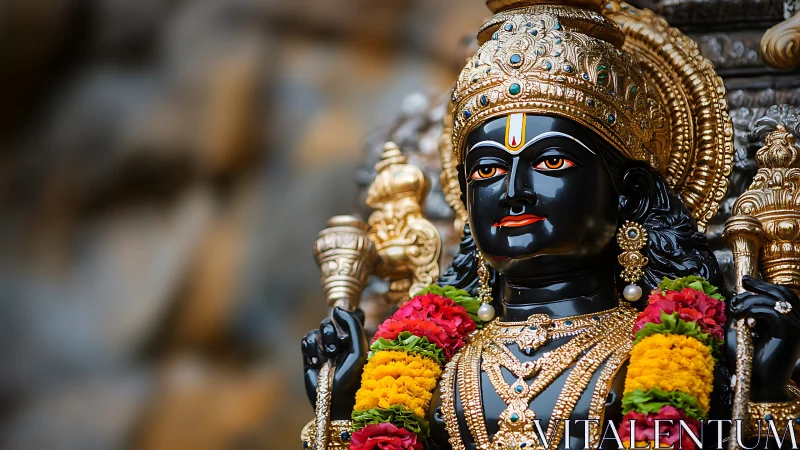 Radiant black stone deity wrapped in gold and garlands.