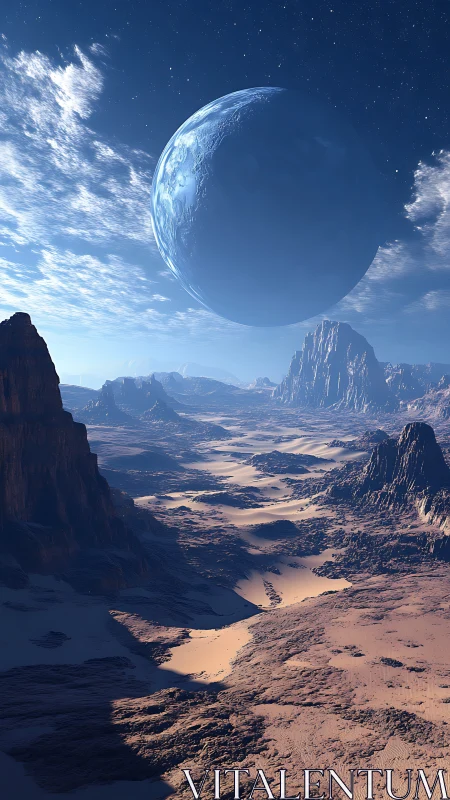 Alien desert canyon lies beneath colossal blue planet.