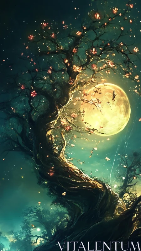 Twisting blossom tree silhouetted against luminous moon.