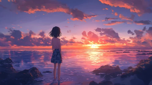 Solitary shoredream girl watching a painted fire sunset.