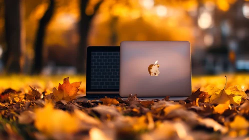 Laptop glows through golden autumn leaves outdoors sunset