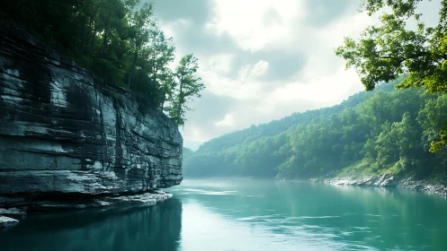 Forest cliffs above calm turquoise river under soft clouds.