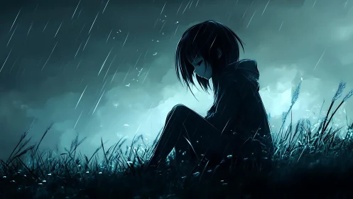 Melancholic anime figure in teal backlit night rain scene.