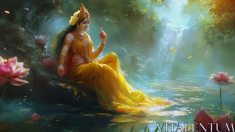 Lotus-clad river goddess resting by a misty waterfall.