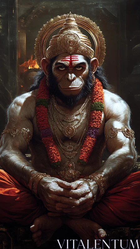 Radiant warrior-ascetic Hanuman seated in emberlit stillness.