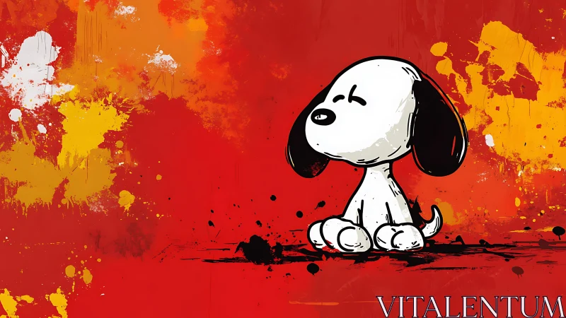 Cartoon dog sits against bold red splatter backdrop.