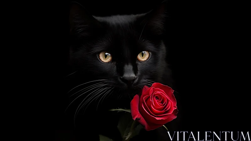 Black cat with golden eyes holding vibrant red rose against dark background