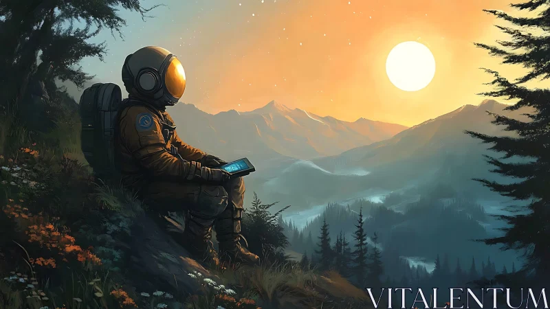 Solitary suited figure observing mountain valley sunset.