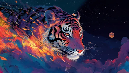 Cosmic tiger head emerging through blazing neon clouds.