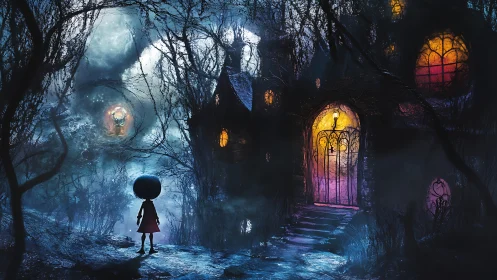Moonlit child pauses at a glowing doorway of mystery