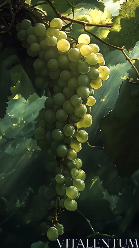 Sunlit grape cluster hanging in deep forest shade.
