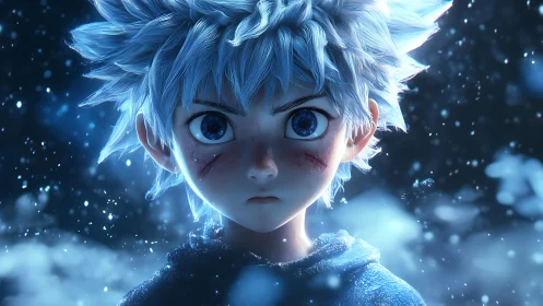 Silver-haired anime boy faces storm in icy blue light.