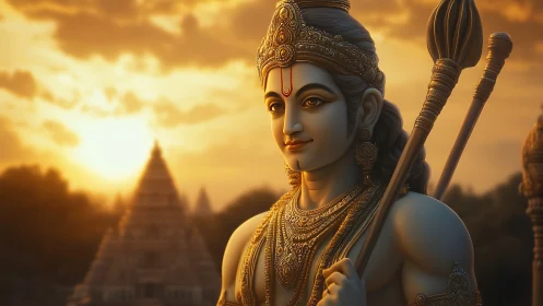 Sunlit warrior deity gazes over ancient temple horizon.