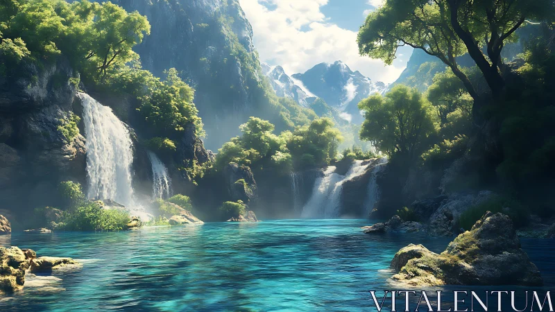 Crystal lagoon reflects twin waterfalls beneath alpine peaks.