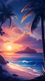 Tropical Beach Scene with Sunset Over Ocean Water