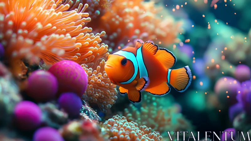 Vibrant clownfish glides through glowing coral garden