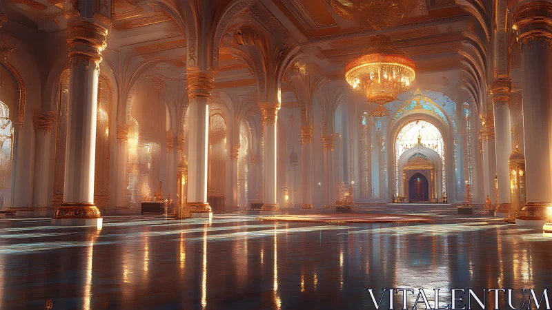 Golden palace hall glowing with gentle, dreamlike light.