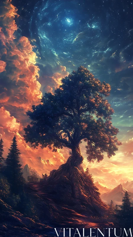 Ancient tree anchors a glowing cosmic vortex above mountains