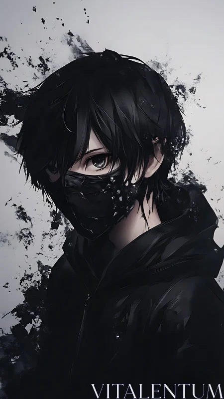Monochrome masked youth in fragmented noir anime composition.