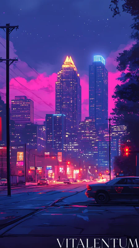 Neon city evening glowing with dreamy pink and blue light.