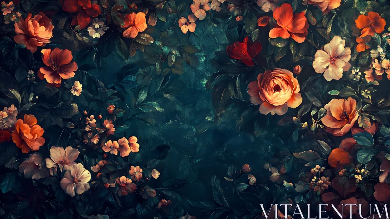 Dark floral garden composition with orange roses and teal foliage
